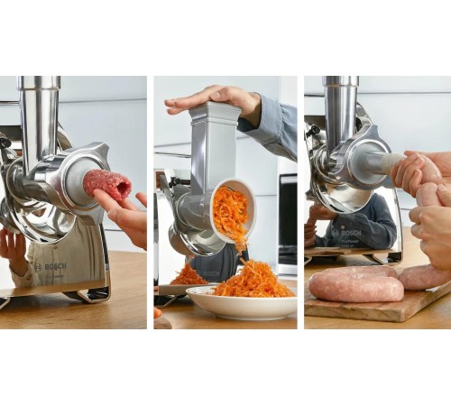Мясорубка BOSCH/ Мясорубка 700Вт, 3.5 кг/мин, реверс, насадки: шинковка, кеббе, колбас Мясорубка BOSCH/ Мясорубка 700Вт, 3.5 кг/мин, реверс, насадки: шинковка, кеббе, колбас