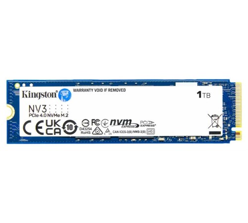 Твердотельный накопитель Kingston SSD 1TB NV3 M.2 2280 NVMe Gen4x4 R6000/W4000MB/s MTBF 2M 320TBW Retail 1 year Твердотельный накопитель Kingston SSD 1TB NV3 M.2 2280 NVMe Gen4x4 R6000/W4000MB/s MTBF 2M 320TBW Retail 1 year