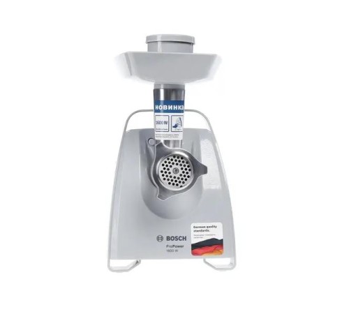 Мясорубка Bosch/ 500/1600Вт, комплект: 2 диска, кебаб, колбаски, цвет: белый/серый фронт Мясорубка Bosch/ 500/1600Вт, комплект: 2 диска, кебаб, колбаски, цвет: белый/серый фронт