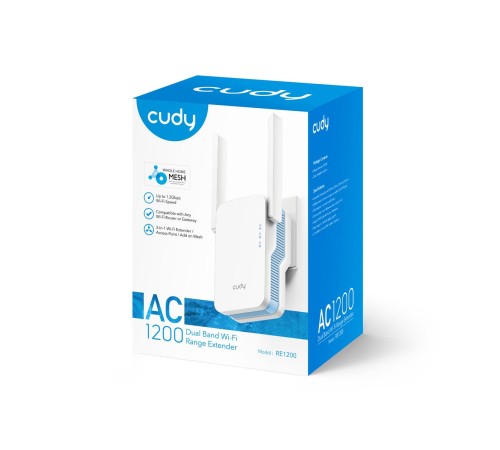 Усилитель Wi-Fi/ AC1200 Wi-Fi Mesh Repeater, AP mode, Chipset MediaTek, Cudy Mesh Support, 867Mbps at 5GHz + 300Mbps at 2.4GHz, 802.11ac/a/b/g/n, 1 10/100Mbps Port, WPS button, Intelligent Signal Light, Access Control, LED control, Cudy APP Усилитель Wi-Fi/ AC1200 Wi-Fi Mesh Repeater, AP mode, Chipset MediaTek, Cudy Mesh Support, 867Mbps at 5GHz + 300Mbps at 2.4GHz, 802.11ac/a/b/g/n, 1 10/100Mbps Port, WPS button, Intelligent Signal Light, Access Control, LED control, Cudy APP