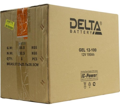 Батарея DELTA серия GEL, GEL 12-100, напряжение 12В, емкость 100Ач (разряд 10 часов),  макс. ток разряда (5 сек.) 900А, макс. ток заряда 20А, свинцово-кислотная типа AGM+GEL, клеммы под болт М6, ДxШxВ 333х173х216мм., вес 32.5кг., LCD, срок службы 10-12 ле