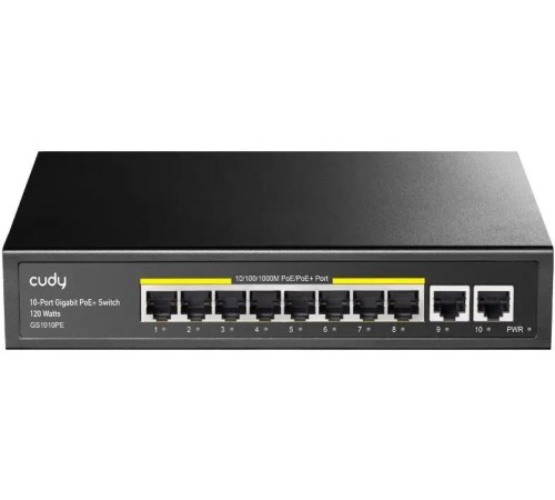 Коммутатор/ 8 RJ-45 10/100/1000M PSE ports +2 RJ45 10/100/1000 Uplink Port Unmanaged PoE+ Switch 120W, 802.3af/at standard,Alternative 1/2(+),3/6(-), Steel Case, Watchdog, 120W internal Коммутатор/ 8 RJ-45 10/100/1000M PSE ports +2 RJ45 10/100/1000 Uplink Port Unmanaged PoE+ Switch 120W, 802.3af/at standard,Alternative 1/2(+),3/6(-), Steel Case, Watchdog, 120W internal