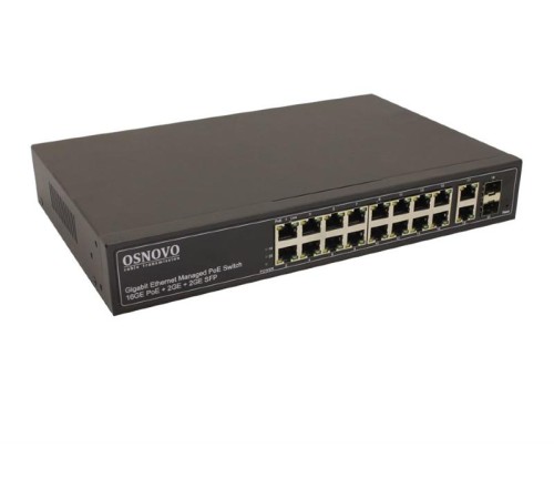 PoE Коммутатор OSNOVO SW-8182/L(300W) Управляемый L2+ PoE коммутатор Gigabit Ethernet на 16 RJ45 PoE + 2 x RJ45 + 2 GE SFP портов. Порты: 2 x GE (10/100/1000Base-T) с PoE (до 90W, A+B) + 14 x GE (10/100/1000Base-T)
