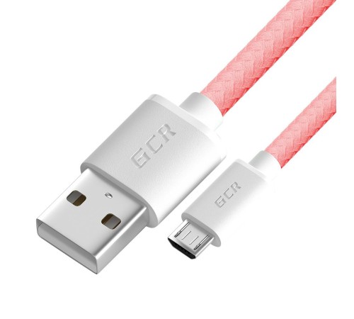 GCR Кабель 3A 0.5m MicroUSB, быстрая зарядка, розовый нейлон,  GCR-51688