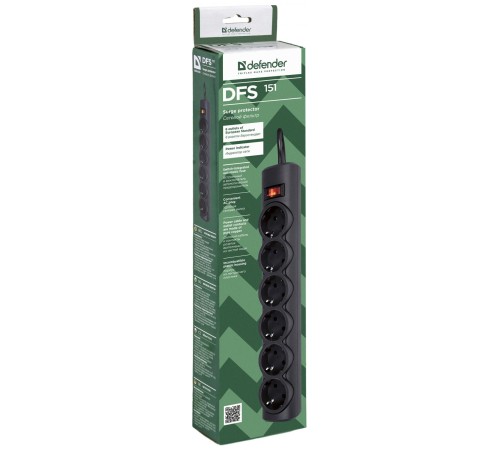 Сетевой фильтр Defender DFS 151 1,8 м, черный, 6 розеток/ Surge Protector Defender DFS 151 1,8m, black, 6 outlets Сетевой фильтр Defender DFS 151 1,8 м, черный, 6 розеток/ Surge Protector Defender DFS 151 1,8m, black, 6 outlets