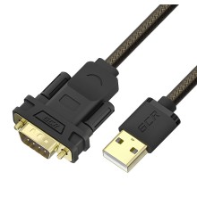 GCR Конвертер-переходник 2.0m PROF USB 2.0 AM / DB9 RS-232  c чипсетом PL2303GS, черно-прозрачный, двойной экран с армированием