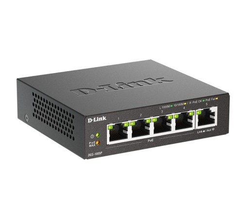 коммутатор D-Link Неуправляемый PoE-коммутатор, 5x1000Base-T (4x1000Base-T PoE), PoE-бюджет 60 Вт, корпус металл