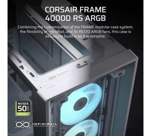 Корпус без блока питания/ Case Corsair Frame 4000D RS ARGB, Midi-Tower, TG, 3x120mm ARGB, 2xUSB-A 3.2, 1xUSB 3.2 Type-C, E-ATX, ATX, mATX, mITX White