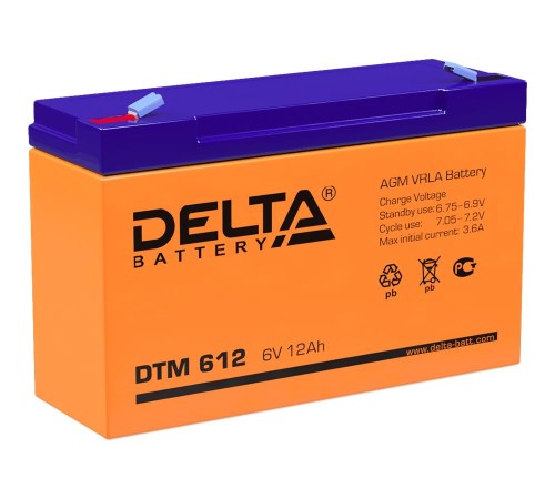 Батарея DELTA серия DTM, DTM 612, напряжение 6В, емкость 12Ач (разряд 20 часов), макс. ток разряда (5 сек.) 150А, макс. ток заряда 3.45А, свинцово-кислотная типа AGM, клеммы F1, ДxШxВ 151х50х94мм., вес 1.7кг., срок службы 6 лет./ Battery DELTA series DTM Батарея DELTA серия DTM, DTM 612, напряжение 6В, емкость 12Ач (разряд 20 часов), макс. ток разряда (5 сек.) 150А, макс. ток заряда 3.45А, свинцово-кислотная типа AGM, клеммы F1, ДxШxВ 151х50х94мм., вес 1.7кг., срок службы 6 лет./ Battery DELTA series DTM