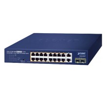 коммутатор/ PLANET GSD-2022P 16-Port 10/100/1000T 802.3at PoE + 2-Port 10/100/1000T + 2-Port 1000X SFP Unmanaged Gigabit Ethernet Switch (185W PoE Budget, Standard/VLAN/Extend mode, supports PD alive check, desktop size with rackmount kit)
