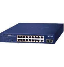 коммутатор/ PLANET GSD-2022P 16-Port 10/100/1000T 802.3at PoE + 2-Port 10/100/1000T + 2-Port 1000X SFP Unmanaged Gigabit Ethernet Switch (185W PoE Budget, Standard/VLAN/Extend mode, supports PD alive check, desktop size with rackmount kit)