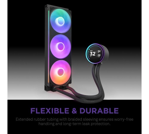 Система жидкостного охлаждения для ПК/ Water Cooling System NZXT Kraken Elite 420 RGB (350W, 420mm, LED temp., Black/ Fans: 3x140mm, 98.61CFM, 34.5dBA, 2000RPM/ Pump height 65mm, 2800RPM, Rad thickness 27mm/ S: 1851, 1700, 1200, 115X, AM5, AM4)