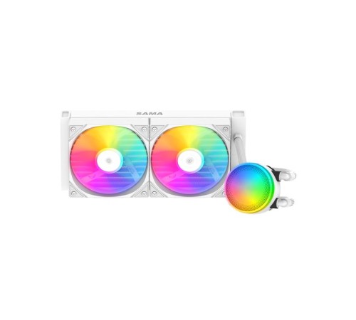 Водяное охлаждение для процессора/ Water Cooling System SAMA L40 White (240mm, White, ARGB/ Fans: 2x120mm, 82.79CFM, 29dBA, 2000RPM/ Pump height 52mm, 29dBA, 2500RPM, Rad thickness 27mm/ S: 1851, 1700, 1200, 20XX, 115X, AM5, AM4)