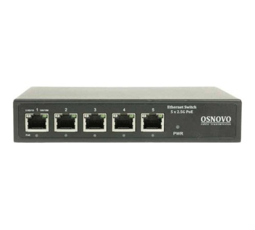 Коммутатор/ OSNOVO PoE коммутатор 2.5G Ethernet на 5 RJ45 портов. Порты: 1 x 2.5G (10/100/1000/2500Base-TX) с PoE (до 60W, A+B) + 3 x 2.5G (10/100/1000/2500Base-TX) с PoE (до 30W), 1 x 2.5G