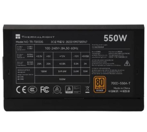 Блок питания 550W/ Power Supply Thermalright, 550W 80+ Bronze (ATX, 3.0, Non-modular, 1x24(20+4)pin 550mm, 1xCPU*2 8(4+4)pin 600+150mm, 1xPCIe 8(6+2)pin 450mm, 1xSATA*3+MOLEX4pin*1 400+150+150+150mm, 1xSATA*2+MOLEX4pin*2 400+150+150+150mm, Active, 120x120