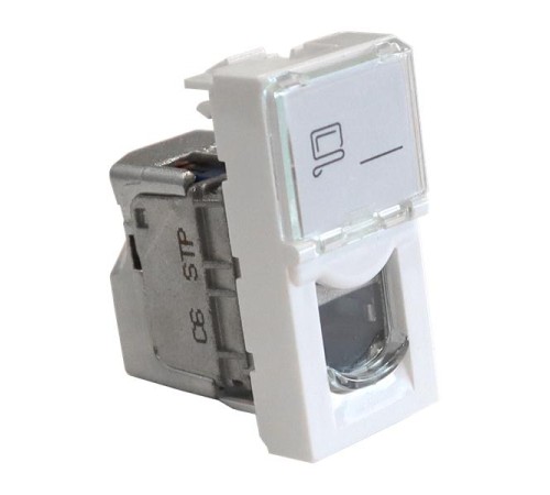 Вставка Mosaic 22.5x45, RJ-45 STP, кат.6, со шторкой и увеличенным окном маркировки, белая Вставка Mosaic 22.5x45, RJ-45 STP, кат.6, со шторкой и увеличенным окном маркировки, белая