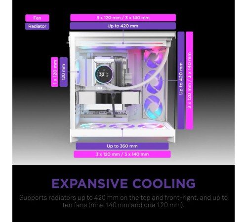 Корпус без блока питания/ Case NZXT H9 Flow RGB (2025), Midi-Tower, TG, 3x140mm RGB + 1x120mm, 2xUSB-A 3.2 + 1xUSB-C 3.2, E-ATX, ATX, mATX, mITX White