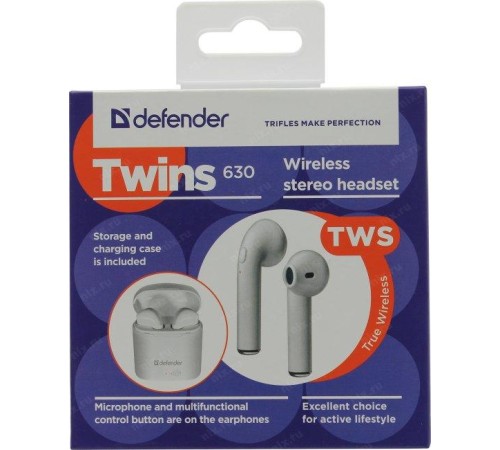 Defender Беспроводная гарнитура Twins 630 белый,TWS, Bluetooth