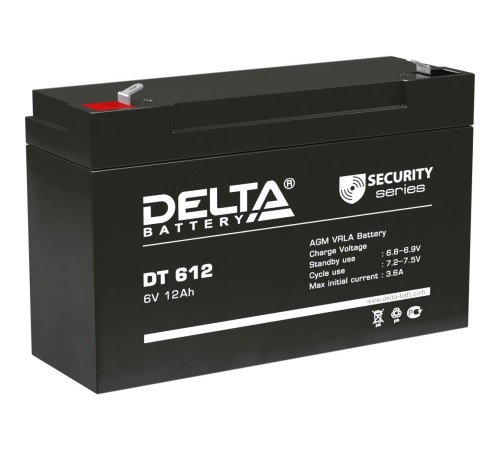 Батарея DELTA серия DT, DT 612, напряжение 6В, емкость 12Ач (разряд 20 часов), макс. ток разряда (5 сек.) 150А, макс. ток заряда 3.6А, свинцово-кислотная типа AGM, клеммы F2, ДxШxВ 151х50х94мм., вес 1.6кг., срок службы 5 лет./ Battery DELTA series DT, DT Батарея DELTA серия DT, DT 612, напряжение 6В, емкость 12Ач (разряд 20 часов), макс. ток разряда (5 сек.) 150А, макс. ток заряда 3.6А, свинцово-кислотная типа AGM, клеммы F2, ДxШxВ 151х50х94мм., вес 1.6кг., срок службы 5 лет./ Battery DELTA series DT, DT