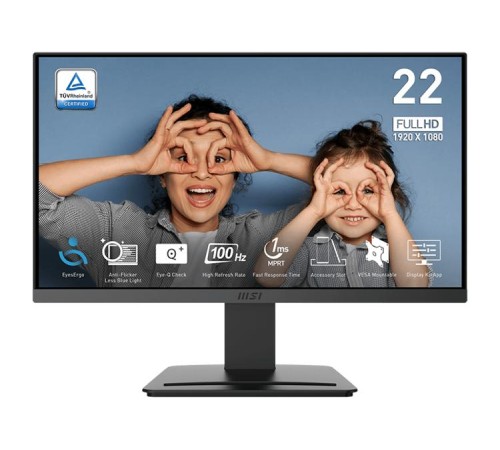 Монитор MSI PRO MP223 E2 21.5" 16:9 FHD(1920x1080) VA Flat, 1ms(MPRT),3000:1,100M:1,250nit,178/178,HDMI 1.4b,DP 1.2a,Tilt,VESA,100Hz,Black,1y war-ty