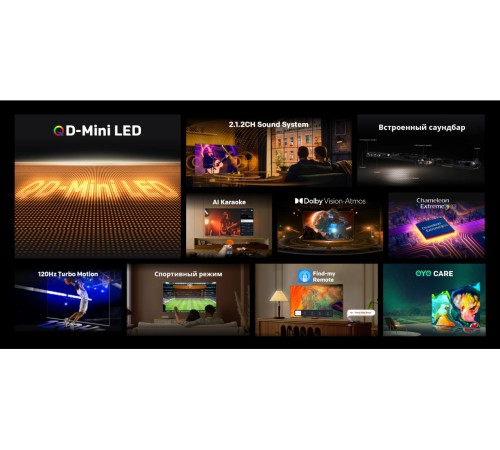 Телевизор ЖК 75'' Skyworth 75", Ultra HD, Mini LED, Matte Screen, 400Nit, Local Dimming Zone 200, Google TV, DVB-T2/C/S2, 2.1.2ch Sound (30W + 20W SUB) Dolby Atmos, 180° звуковое поле, 120Hz, Freesync Premium (AMD), Karaoke Mode, 3 HDMI, 2 USB, Digit