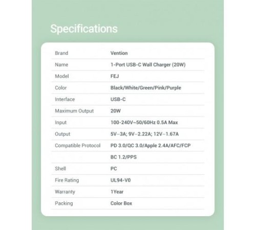 Сетевое зарядное устройство Vention на 1 порт USB С 20W  Фиолетовый, шт.