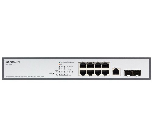 Коммутатор ORIGO Управляемый L2 PoE-коммутатор, 8x1000Base-T PoE, 2x1000Base-X SFP, PoE-бюджет 135 Вт, консольный порт RJ-45, комплект для установки в 19" стойку