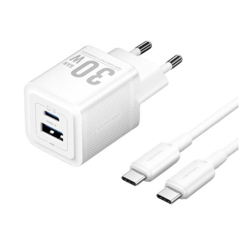 Набор для зарядки Vention з/у GaN 30W 2 порта USB (C + A) и кабель USB-C 3А Белый, шт. Набор для зарядки Vention з/у GaN 30W 2 порта USB (C + A) и кабель USB-C 3А Белый, шт.
