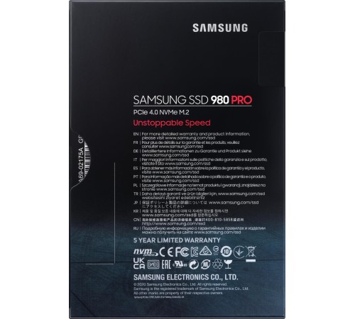 Твердотельные накопители/ Samsung SSD 980 PRO, 1000GB, M.2(22x80mm), NVMe 1.3c, PCIe 4.0 x4, 3-bit MLC, R/W 7000/5000MB/s, IOPs 1 000 000/1 000 000, DRAM buffer 1024MB, TBW 600, DWPD 0.33, with Heatsink (12 мес.)