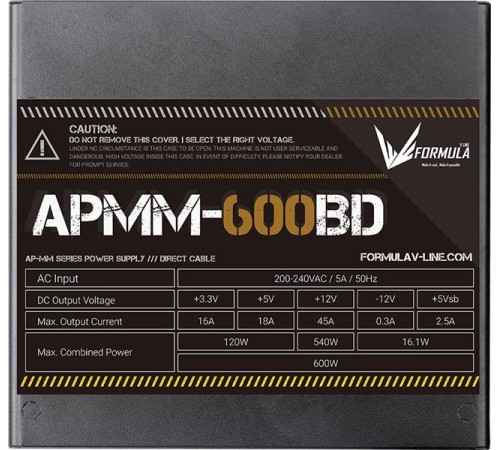 Блок питания Formula V Line APMM-600BD, 600W, ATX3.1/PCIe5.1, APFC, 80+ Bronze, 12cm Fan Блок питания Formula V Line APMM-600BD, 600W, ATX3.1/PCIe5.1, APFC, 80+ Bronze, 12cm Fan