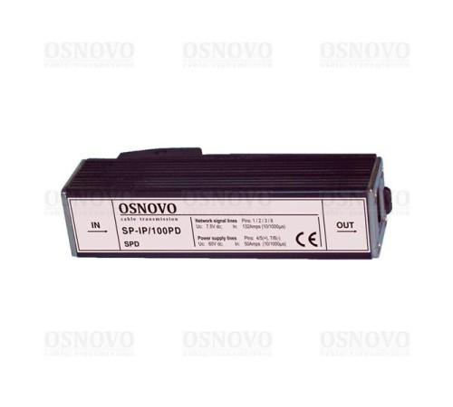 Устройство грозозащиты OSNOVO SP-IP/100PD Устройство грозозащиты для локальной вычислительной сети (скорость до 100Мбит/с) с защитой линий PoE (af/at, метод B, контакты 4/5, 7/8), двухуровневая защита. 1 вход (RJ45-мама), 1