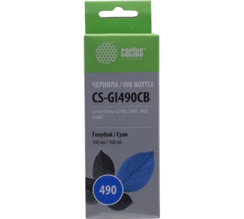 -/ Чернила Cactus CS-GI490CB GI-490 голубой 100мл для Canon Pixma G1400/G2400/G3400