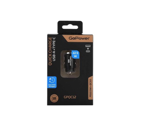 Сетевое З/У/ Автомобильное З/У GoPower GPQC12 1USB+1Type-C 22.5W Mini черный (1/100) Сетевое З/У/ Автомобильное З/У GoPower GPQC12 1USB+1Type-C 22.5W Mini черный (1/100)