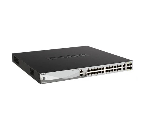 Коммутатор/ DGS-3130-30PS Managed L3 Stackable Switch 24x1000Base-T PoE, 2x10GBase-T, 4x10GBase-X SFP+, PoE Budget 370W (740W with DPS-700), Surge 6KV, CLI, 1000Base-T Management, RJ45 Console, USB, RPS, Dying Gasp