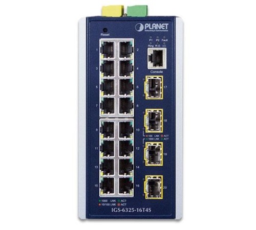 коммутатор/ PLANET IGS-6325-16T4S IP30 Industrial L3 16-Port 10/100/1000T + 4-port 1G/2.5G SFP Full Managed Switch (-40 to 75 C, dual redundant power input on 9~48VDC terminal block, 2*DI, 2*DO, ERPS Ring, 1588 PTP TC, Modbus TCP, Cybersecurity features,