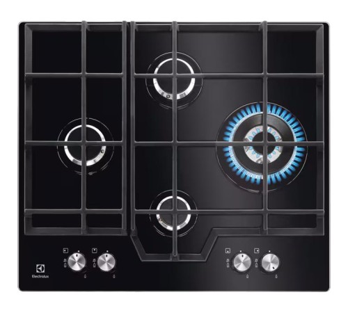 Встраиваемые газовые панели ELECTROLUX/ Газовая варочная поверхность - закаленное стекло, мощность: 8900 Вт, автоматический электроподжиг, Wok-конфорка, газ-контроль, решетки: чугун, независимая установка, размеры (ШхГ): 59x52 см