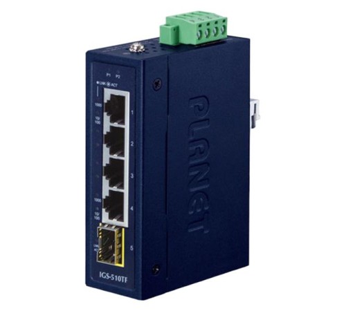коммутатор/ PLANET IGS-510TF IP30 Compact size 4-Port 10/100/1000T + 1-Port 100/1000X SFP Gigabit Ethernet Switch (-40~75 degrees C, dual 9~48V DC/24V AC)