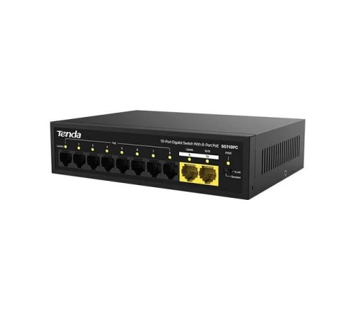 Коммутатор/ Tenda SG110PC Коммутатор неуправляемый PoE, 10 портов, 10x1 Гбит/с, PoE 8х30 Вт, 2хUplink, настольный