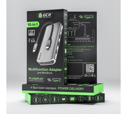 GCR TypeC Hub 10 в 1 HDMI + VGA + RJ45 + USB3.0 x3 + Card Reader + Audio + TypeC PD