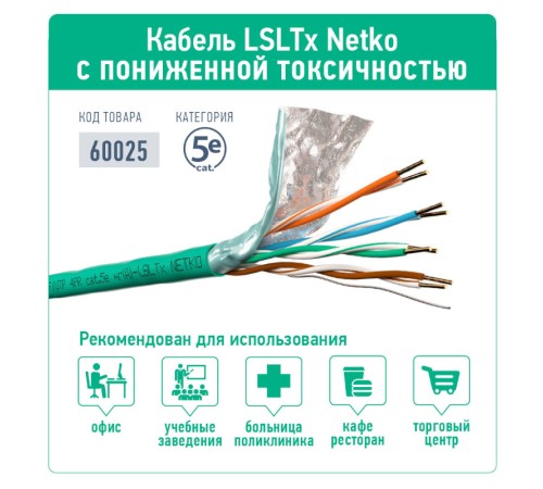 Кабель F/UTP 4 (FTP4) cat.5e пары 24 AWG BC экранированный 305м нг(А)-LSLTx зеленый; одножильный FLUKE TEST Netko Expert СКС FTP-11362.05E.9B (60025)