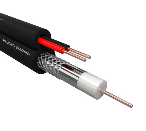 Кабель коаксиальный Netko 3C-2V 75 Ом (CU оплетка 32 нити AL) + питания 2x0.5мм одножильный) аналог ККСП наружный черный (100м) CXC-4726.0X.1H (53389)