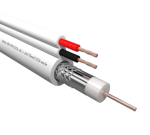 Кабель коаксиальный Netko RG-59U 75 Ом (CCA оплетка 32 нити AL) + питания 2x0.75мм2 многожильный) аналог КВОС белый (100м) CXC-5278.2X.0B (53941)